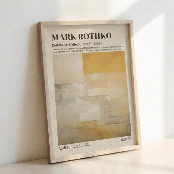 May include: Framed exhibition poster featuring Mark Rothko's abstract artwork in warm yellow, orange, and neutral tones with geometric color blocks. The poster displays gallery information and exhibition dates April 15 - July 30, 2023. Light wood frame against white wall with soft natural lighting creating gentle shadows.
