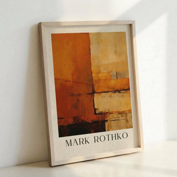 May include: Framed abstract art print in light wood frame leaning against white wall. Artwork features warm orange, yellow, and rust-colored rectangular blocks in Mark Rothko's signature style, with darker accent at bottom. Artist name printed below image on white border. Natural lighting creates soft shadows on textured wall surface.