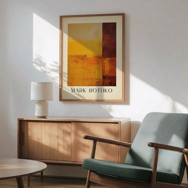 May include: Abstract art poster with warm orange, yellow, and deep red rectangular color blocks in modernist style, displayed in wooden frame above mid-century credenza. Scene shows mint green upholstered armchair with wooden arms, ceramic table lamp, and round coffee table in minimalist living room with white walls and natural sunlight casting geometric shadows.