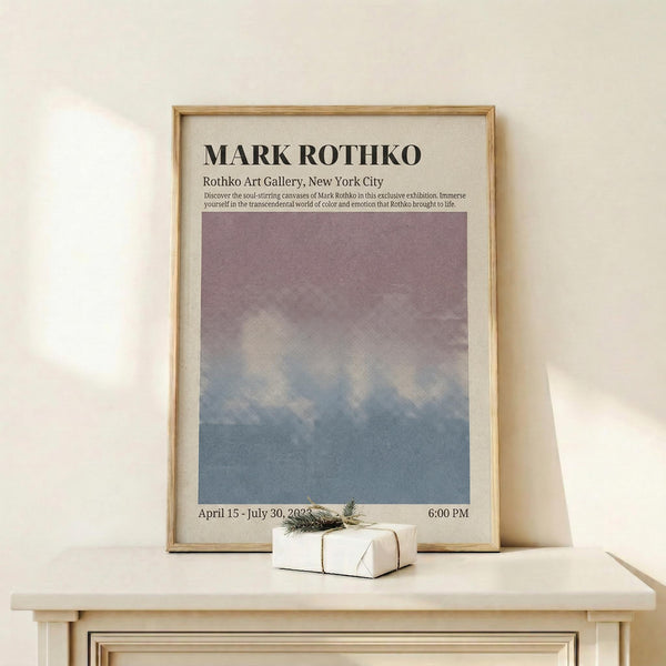 May include: A framed exhibition poster for Mark Rothko displayed on a light wood shelf against a cream wall. The poster features a gradient design transitioning from purple at top to blue at bottom, with black text and exhibition details. The thin wood frame complements the minimalist aesthetic. A small white wrapped gift with natural twine and greenery sits beside the frame on the shelf.