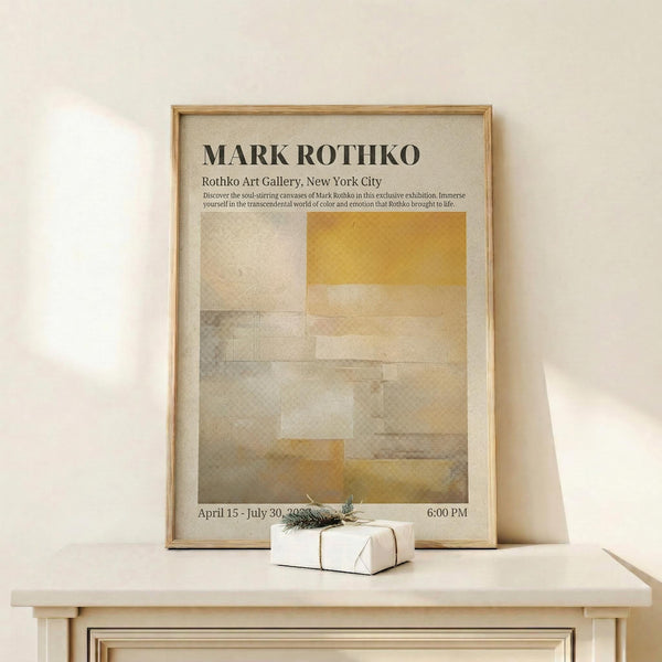 May include: Framed exhibition poster with Mark Rothko's name in bold black text, featuring abstract geometric artwork in warm yellows, oranges, and muted browns. Light wood frame displayed on white wooden surface against cream wall, with small wrapped gift box beside it. Natural lighting creates soft shadows.