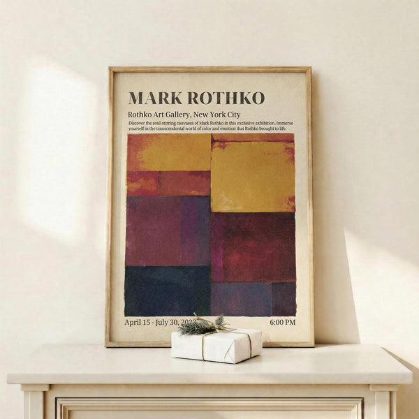 May include: Framed exhibition poster featuring Mark Rothko's abstract color field artwork with geometric blocks in warm yellows, deep reds, purples, and dark blues. Light wood frame displayed on white floating shelf against cream wall with small wrapped gift box beside it. Soft natural lighting creates gentle shadows.