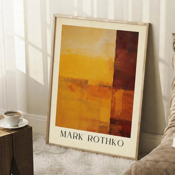 May include: Framed abstract art print with warm orange, yellow, and deep burgundy color blocks in Rothko's signature style, displayed in light wooden frame against white wall. Scene shows cozy interior with coffee cup on wooden block side table and soft beige textiles nearby.