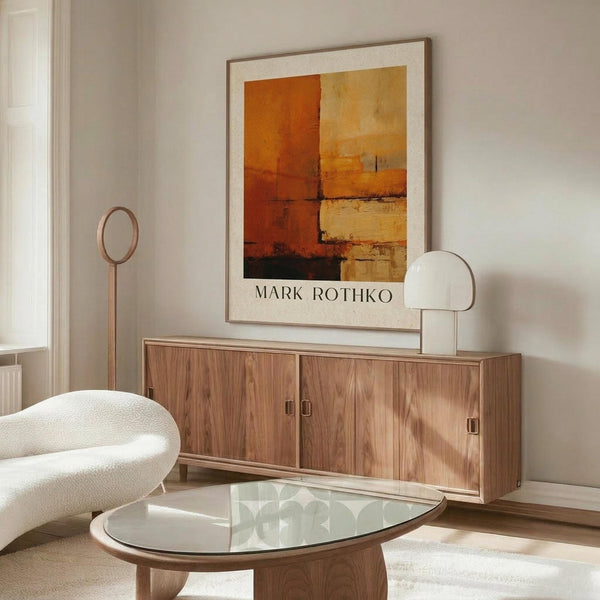 May include: Abstract art poster with warm orange, yellow and deep red rectangular color blocks in minimalist wooden frame, displayed above mid-century modern walnut credenza in neutral living room with white curved chair, glass coffee table, and modern brass floor lamp.