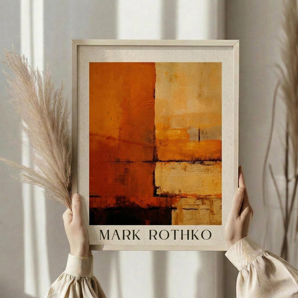 May include: Person holding framed abstract art print featuring warm orange, yellow, and amber rectangular color blocks in painterly style. Light wood frame with white matting displays "MARK ROTHKO" text below artwork. Dried pampas grass stems visible on left side against soft neutral curtained background in bright natural lighting.