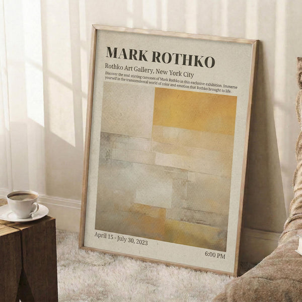 May include: Framed Mark Rothko exhibition poster leaning against white wall corner on fluffy cream rug. Poster features abstract rectangular blocks in warm yellow, beige and gray tones with black text header and exhibition details. Light wood frame, cozy room setting with coffee cup on wooden block and beige textured throw blanket visible.