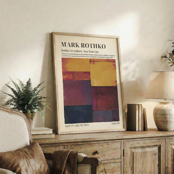 May include: Framed art poster featuring Mark Rothko's colorful abstract squares in yellow, purple, burgundy and navy blue, displayed on rustic wooden sideboard alongside books, ceramic vase, and fern plant in cozy living room with beige armchair and neutral walls