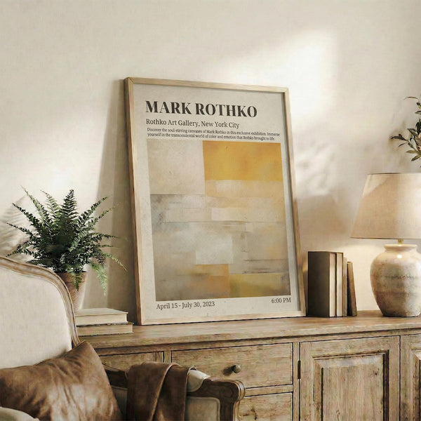 May include: Framed art poster featuring abstract color blocks in warm yellows, oranges, and neutral tones displayed on rustic wooden sideboard. Scene includes leather armchair, potted fern, ceramic vases, and stacked books in cozy living room with white walls and natural lighting.