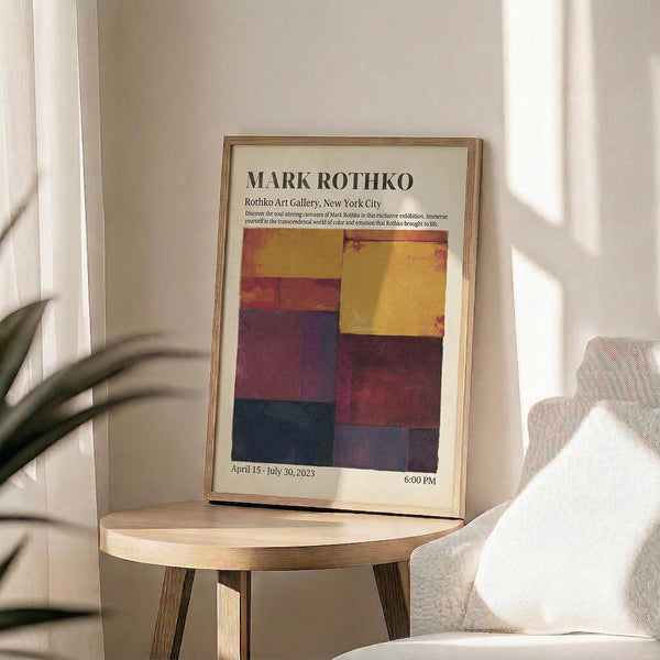 May include: A framed exhibition poster for Mark Rothko's art gallery show displayed on a round wooden side table next to a beige upholstered chair. The poster features abstract color blocks in warm yellows, deep reds, purples, and navy blue arranged in rectangular sections. Sunlight streams across the neutral-toned room, casting shadows from a plant's leaves. The wooden frame matches the natural wood table, creating a cohesive modern interior design aesthetic.