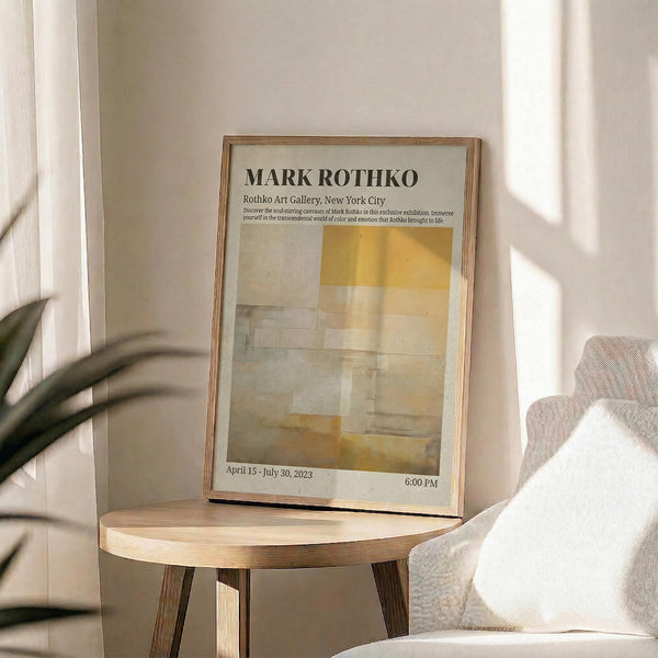 May include: Framed exhibition poster featuring Mark Rothko's abstract artwork in soft yellow and beige rectangular color blocks, displayed on a round wooden side table next to a beige upholstered chair with white pillow. Natural sunlight streams across the neutral-toned room setting with plant leaves visible in the corner.