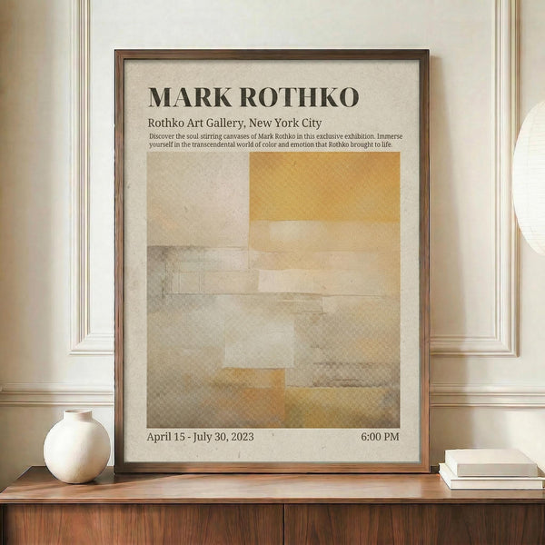 May include: Framed exhibition poster featuring Mark Rothko's abstract geometric artwork in warm earth tones - yellows, oranges, and grays in layered rectangular blocks. Poster displays gallery information and exhibition dates. Shown in thin brown frame on wooden credenza beside white ceramic vase and stacked books against cream paneled wall.