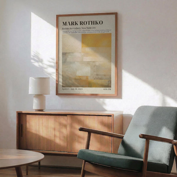 a living room with a wooden cabinet, a green armchair, and a wooden coffee table. Above the cabinet, there is a framed poster of an abstract art piece by Mark Rothko.