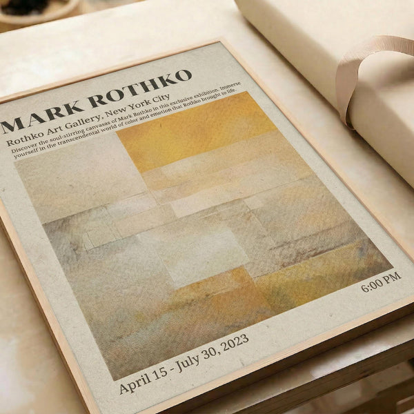 The image is a poster for an art exhibition titled "Mark Rothko" by the artist Mark Rothko. The poster features a large abstract painting with a geometric pattern in shades of yellow and beige. The event is scheduled to take place on April 15, 2023, at 6:00 PM.