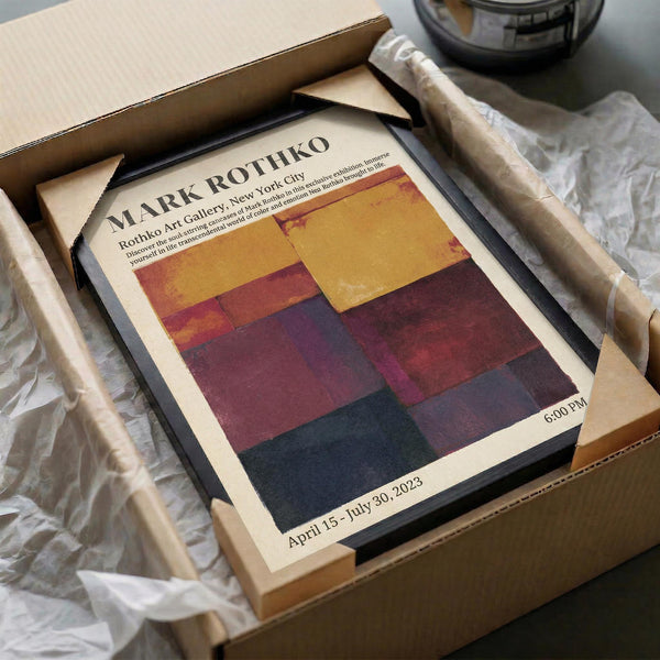 a framed poster or artwork with a colorful abstract design, placed in a cardboard box.