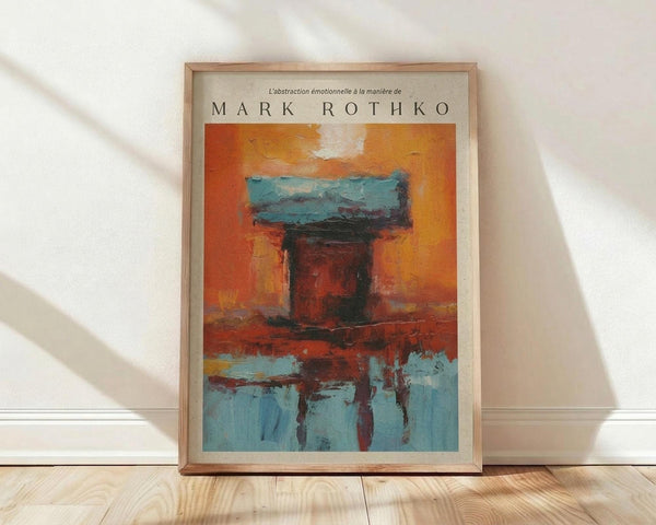 May include: Framed abstract expressionist artwork in warm wood frame leaning against white wall on light wooden floor. The painting features bold orange and rust tones in upper portion with deep blue and teal colors below, separated by dark horizontal brushstrokes. Soft natural lighting creates gentle shadows across the textured painted surface and room setting.