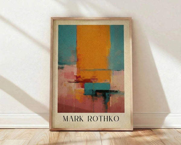 May include: Framed abstract art print in light wood frame leaning against white wall on natural wood floor. The artwork features bold geometric blocks of orange, teal blue, pink, and burgundy colors with painterly texture and loose brushwork. Artist name "MARK ROTHKO" appears in black text below the colorful composition on cream matting.