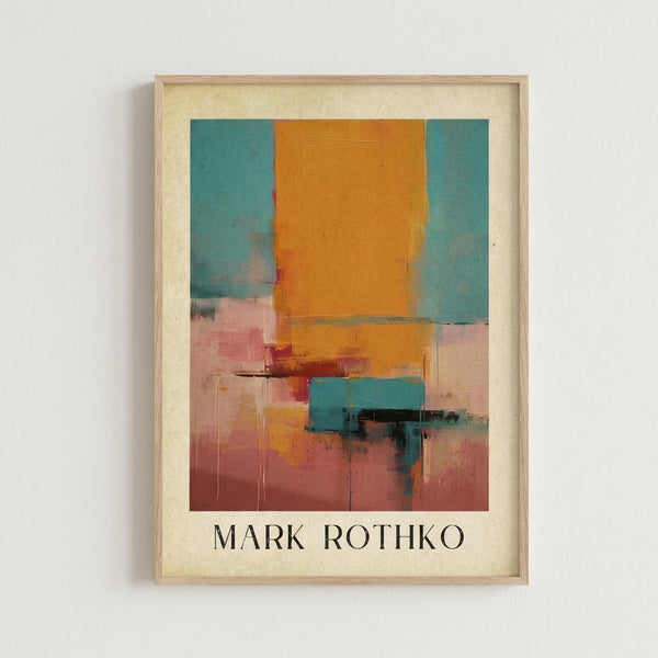 May include: Framed abstract art print hanging on white wall featuring geometric blocks of orange, teal blue, and coral pink colors in Mark Rothko's signature style. Light wood frame with cream matting displays the modern artwork with soft color fields and painterly brushstrokes creating a harmonious composition.