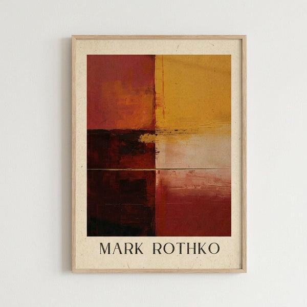 May include: Framed abstract art poster with six color blocks in warm earth tones - deep reds, golden yellow, dark burgundy, cream, and muted orange sections with painterly brushstroke textures. Artist name printed below artwork. Light wood frame against white wall in modern interior setting.