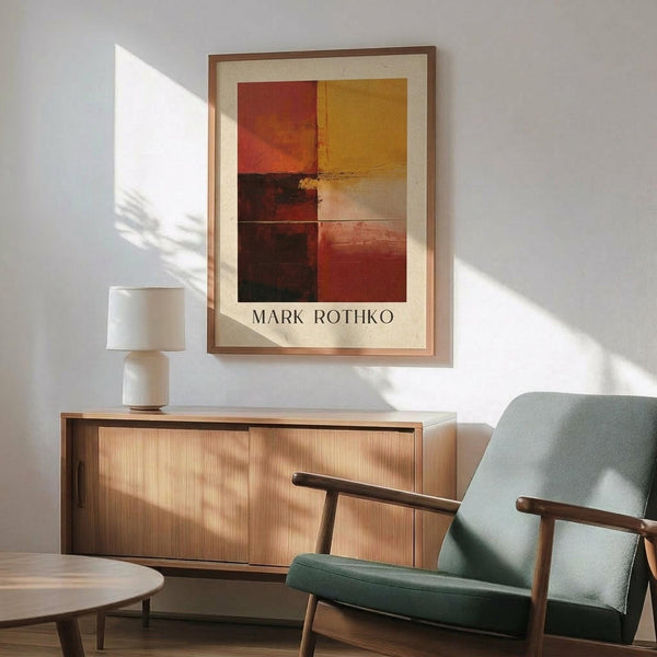 May include: Framed Mark Rothko abstract art print featuring blocks of warm red, orange, yellow, and burgundy colors hanging above a mid-century modern wooden credenza with white ceramic lamp. Light blue upholstered armchair with wooden frame sits nearby on wooden floors with natural sunlight casting shadows across white walls.