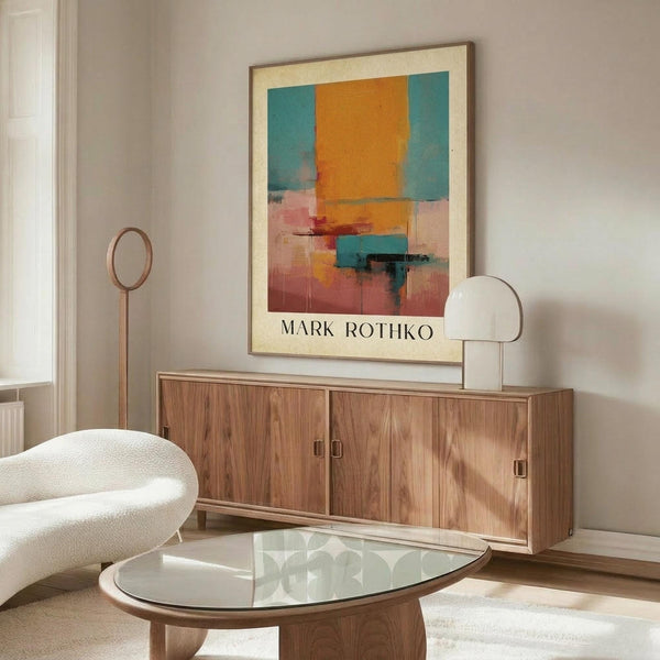 May include: Abstract art poster with orange, teal, and pink color blocks in Mark Rothko style, displayed above wooden sideboard in modern living room with white curved chair, glass coffee table, and warm natural lighting streaming across polished floors.