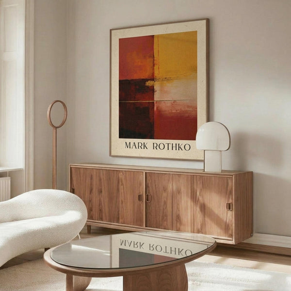 May include: Abstract art poster with red, yellow, orange and dark brown color blocks in grid pattern, displayed above mid-century modern wooden credenza in minimalist living room. White curved chair and round glass coffee table visible. Warm natural lighting creates shadows on light gray walls.