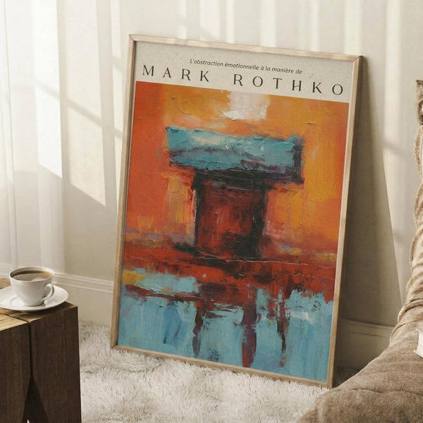 May include: Abstract expressionist poster in light wood frame leaning against white wall corner. Artwork features vibrant orange background with turquoise blue horizontal brushstroke and dark red-brown vertical form below, creating window-like shape. Blue paint drips visible at bottom. White coffee cup on wooden block nearby, cream textured rug and beige fabric visible. Warm natural lighting creates soft shadows on white walls.