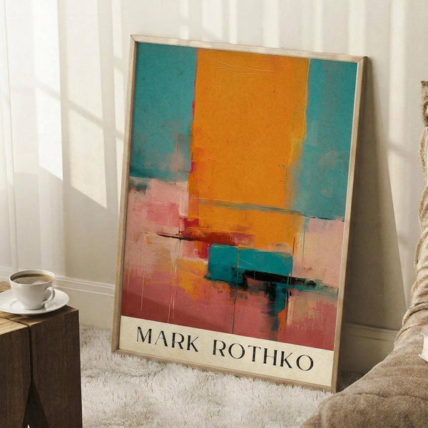 May include: Framed abstract art poster leaning against white wall corner on white textured rug. Orange, teal, and pink color blocks with painterly brushstrokes and Mark Rothko text at bottom. Wooden side table with white coffee cup visible on left, beige throw blanket draped nearby. Soft natural lighting creates shadows on wall.
