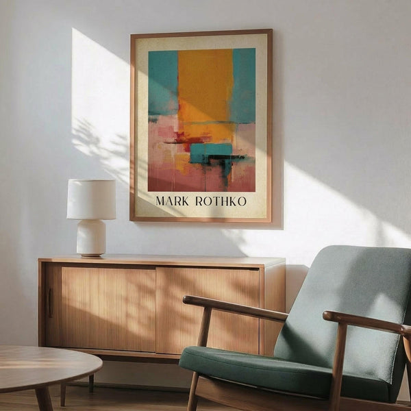 May include: Abstract art poster with orange and teal geometric blocks in warm wood frame, displayed above mid-century modern credenza with ceramic lamp, next to mint green upholstered chair with wooden arms in bright sunlit room with white walls