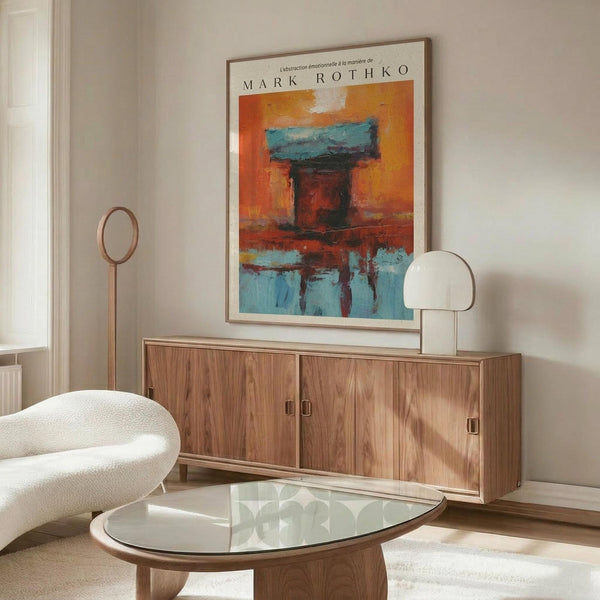 May include: Abstract expressionist poster with vibrant orange background and blue-green rectangular forms arranged vertically, displayed above a mid-century modern walnut credenza. Room features cream textured accent chair, glass oval coffee table, sculptural floor lamp, and table lamp with white shade. Bright natural lighting creates shadows across polished floors.