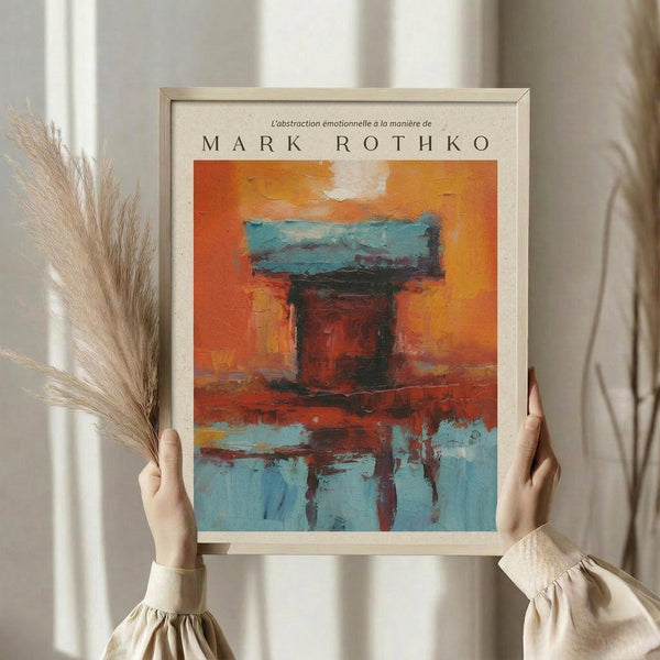 May include: Person in beige ruffled sleeve top holding framed abstract art print in light wood frame. Artwork features bold orange, blue, and burgundy rectangular color blocks in painterly style reminiscent of color field painting. Dried pampas grass stems visible on left side. Soft natural lighting from window creates gentle shadows on neutral wall background.