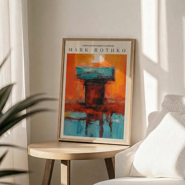 May include: Framed abstract art poster featuring vibrant orange and turquoise blue brushstrokes in Rothko's signature color field style, displayed on a round wooden side table next to a cream upholstered chair. Soft natural lighting creates shadows across the minimalist white-walled room setting with a plant visible in the corner.
