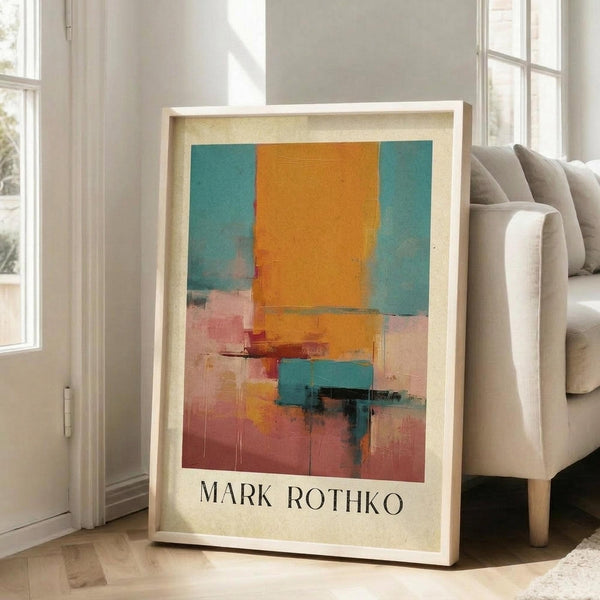 May include: Framed abstract art poster with orange, teal, and pink color blocks in Mark Rothko's style, displayed in bright living room corner next to beige sofa. White frame against cream walls with natural window light creating soft shadows on hardwood floors.