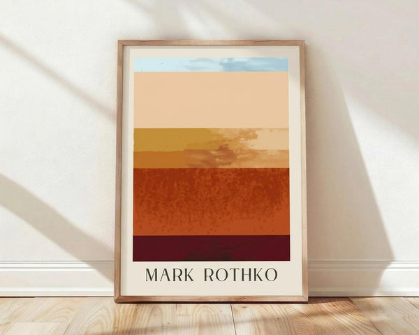 May include: Framed art print leaning against white textured wall on light wood floor. Print features horizontal color blocks in warm earth tones - light blue sky at top transitioning through peachy beige, golden yellow, burnt orange with textured brushwork, and deep burgundy at bottom. Natural wood frame with white matting. Soft natural lighting creates diagonal shadows across the scene.