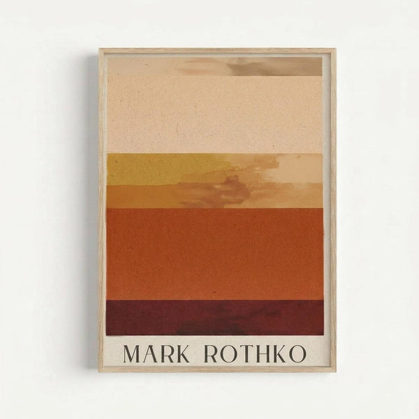 Abstract color field artwork with horizontal bands transitioning from cream at top through golden yellow, orange, burnt orange, to deep burgundy at bottom, displayed in light wood frame against white wall