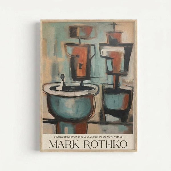 May include: Framed abstract artwork in muted teal, orange, and cream tones depicting geometric kitchen objects like coffee pots and bowls in a cubist style, displayed on a white wall in a light wooden frame. The composition features overlapping rectangular and curved forms with soft, painterly brushstrokes.