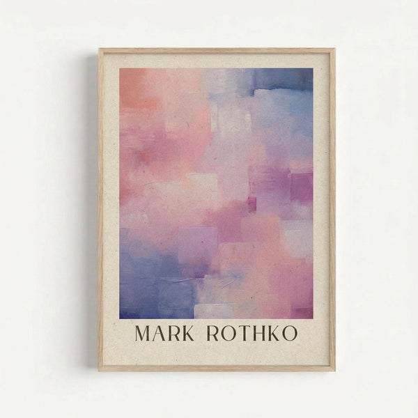 May include: Framed abstract art print with soft watercolor-style blocks in pink, purple, and blue tones mounted on cream matting in light wood frame, hanging on white wall with subtle shadow