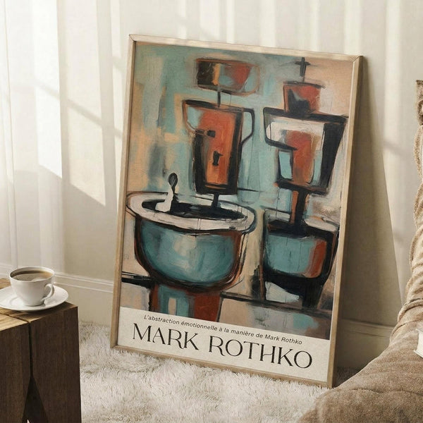 May include: Framed abstract art poster leaning against white wall corner on fluffy white rug. Artwork features geometric shapes in teal, orange, black and white with loose brushwork style. Coffee cup on wooden stool nearby, beige throw blanket visible. Natural lighting creates soft shadows on walls.