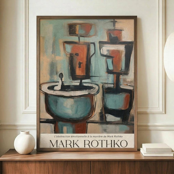 May include: Abstract modernist artwork poster in wooden frame displaying geometric kitchen objects - coffee pots, cups, and bowls in muted teal, coral, and cream tones with bold black outlines. The framed print sits on a warm wood sideboard alongside a small white ceramic vase and stacked books in a bright room with white paneled walls.