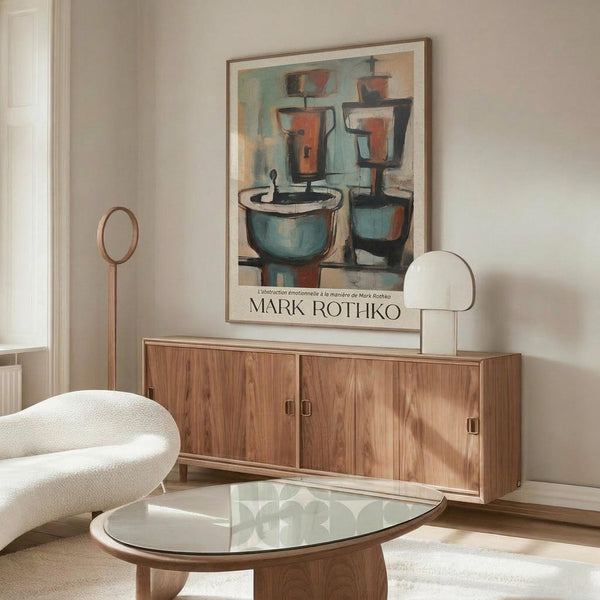 May include: Abstract painting poster featuring geometric vessels and containers in muted blue, orange, and brown tones, displayed in wooden frame above mid-century modern walnut credenza. Modern living room setting with cream upholstered chair, glass coffee table, and warm natural lighting creating shadows on white walls.