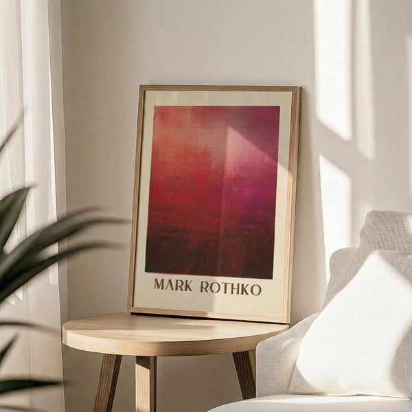 May include: Framed art poster with red and burgundy gradient abstract painting displayed on round wooden side table next to beige upholstered chair. Sunlight streams across white wall creating geometric shadows. Green plant leaves visible in corner. Poster shows deep red tones transitioning from bright coral to dark maroon with artist name below image.