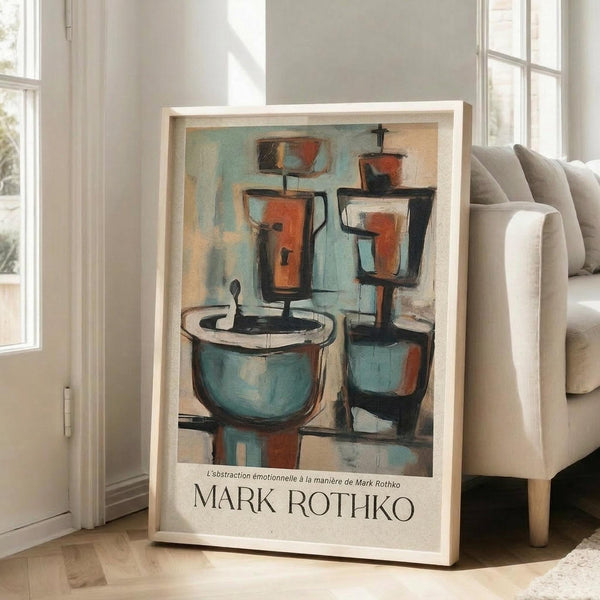 May include: Abstract artwork in light wood frame leaning against white wall next to beige sofa. Painting features geometric shapes in muted teal, orange, and cream tones depicting kitchen items like coffee grinders and bowls. French text appears below the artwork. Bright room with large windows and hardwood floors creates modern living space setting.