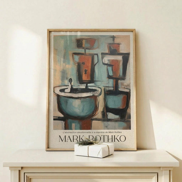 May include: Framed abstract art print featuring geometric kitchen vessels in muted teal, coral, and beige tones, displayed on light wood console table beside small white wrapped gift with twine and greenery sprig against cream wall