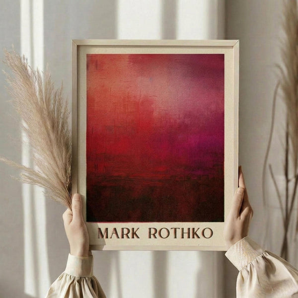 May include: Person holding framed abstract painting with gradient from bright red-orange at top transitioning to deep burgundy and dark brown at bottom. Light wood frame against white curtained background. Dried pampas grass visible on left side. Hands wearing cream colored ruffled sleeves hold rectangular artwork showing color field painting style with horizontal bands of warm tones.