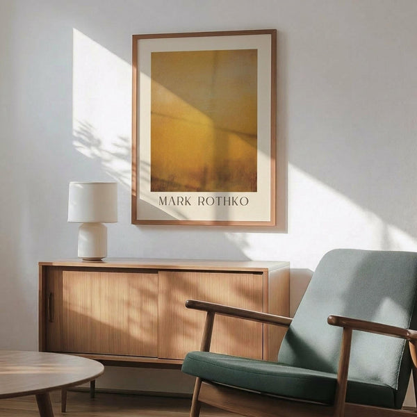 May include: Framed abstract art print with warm golden yellow and amber tones in thin brown frame, displayed above mid-century modern wood credenza with white ceramic table lamp. Mint green upholstered armchair with wooden frame sits nearby. Bright natural light creates shadows across white wall in minimalist living room setting.