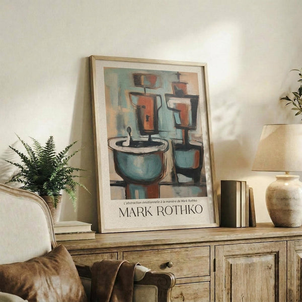 May include: Framed abstract art print featuring geometric vessels and containers in muted teal, orange, and brown tones, displayed on rustic wooden console alongside fern plant, ceramic vase, and books in warm-lit living room with cream upholstered furniture and neutral walls.