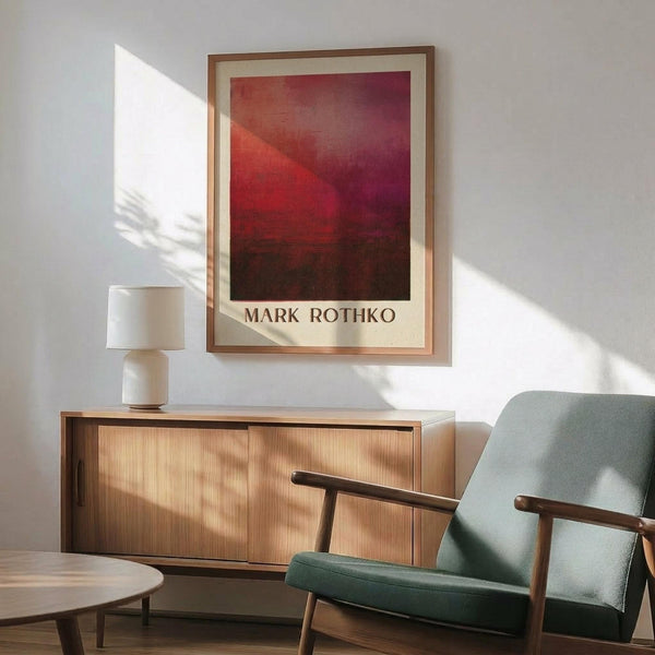 May include: Abstract red and burgundy artwork with Mark Rothko's name displayed below, hanging in wooden frame on white wall above mid-century modern wooden credenza. Green upholstered armchair with wooden arms sits nearby with white ceramic table lamp and round wooden side table. Natural sunlight creates geometric shadows across the minimalist living room scene.