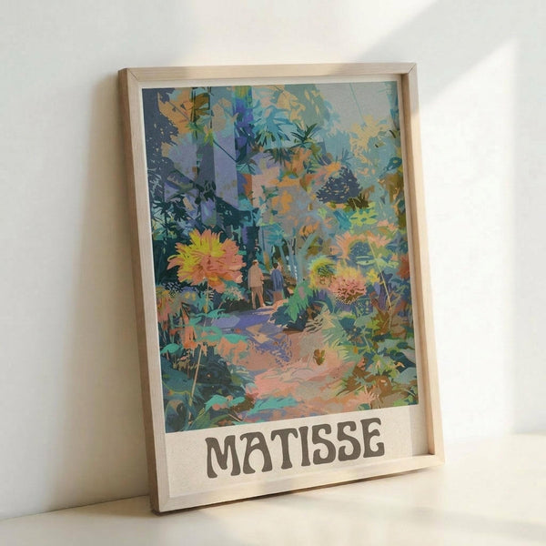 May include: Framed art print featuring a vibrant jungle scene with lush tropical foliage in blues, greens, oranges and purples. A small figure walks along a winding path through dense vegetation with palm fronds and colorful flowering plants. The artwork has a painterly, impressionistic style with layered colors and organic shapes. Light natural wood frame displays against white wall, leaning on surface with soft shadows.