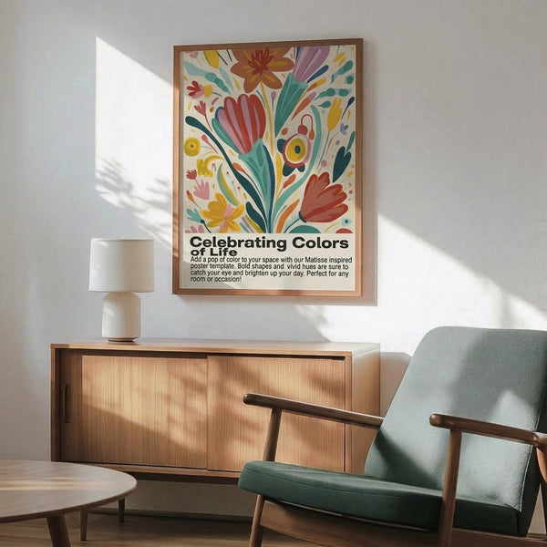May include: Colorful abstract floral poster with Matisse-inspired cut-out style flowers and leaves in vibrant reds, greens, yellows, and purples, displayed in thin wooden frame above mid-century modern wooden sideboard with white ceramic lamp, next to sage green upholstered armchair with wooden arms in bright sunlit room with white walls and natural shadows