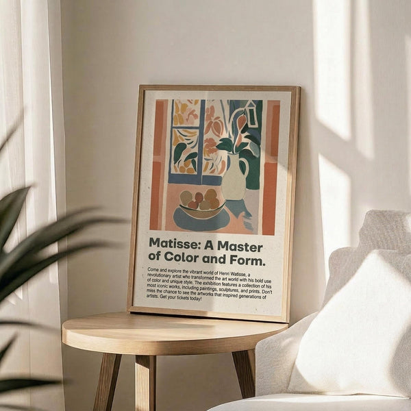 May include: Framed poster print featuring a Matisse-style interior scene with colorful flowers in a white vase, fruit bowl, and window view, displayed on a round wooden side table next to a beige upholstered chair with natural lighting casting window shadows across white walls and a plant in the corner