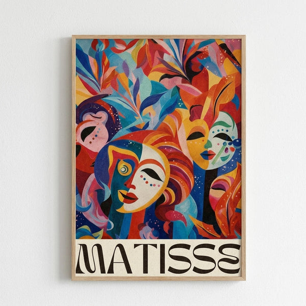May include: Colorful abstract art poster in light wood frame hanging on white wall. Vibrant artwork features stylized faces and masks surrounded by flowing organic shapes in blues, reds, oranges, yellows and greens. Bold "MATISSE" text appears at bottom in black letters. Modern artistic style with decorative foliage elements and geometric patterns throughout the composition.